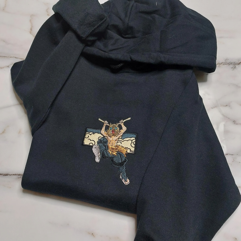 Sweater Hoodie Inosuke Embroidery Black Anime Manga Demon Slayer