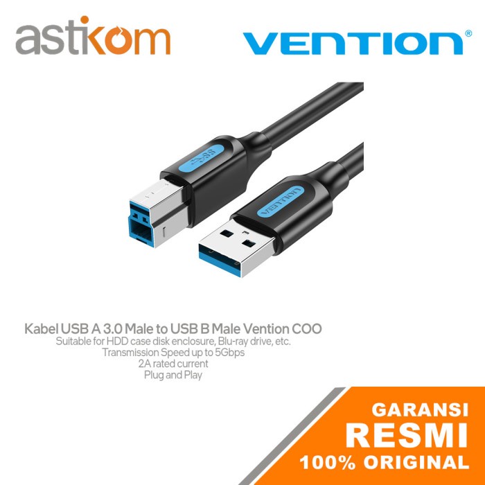 Kabel USB A 3.0 Male to USB B Male Vention Black PVC COO