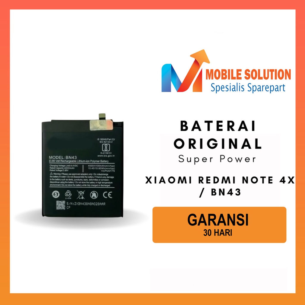 Grosir Baterai Xiaomi Redmi Note 4x Snapdragon / Baterai Xiaomi BN43 Super Power Garansi 1 Bulan + Packing