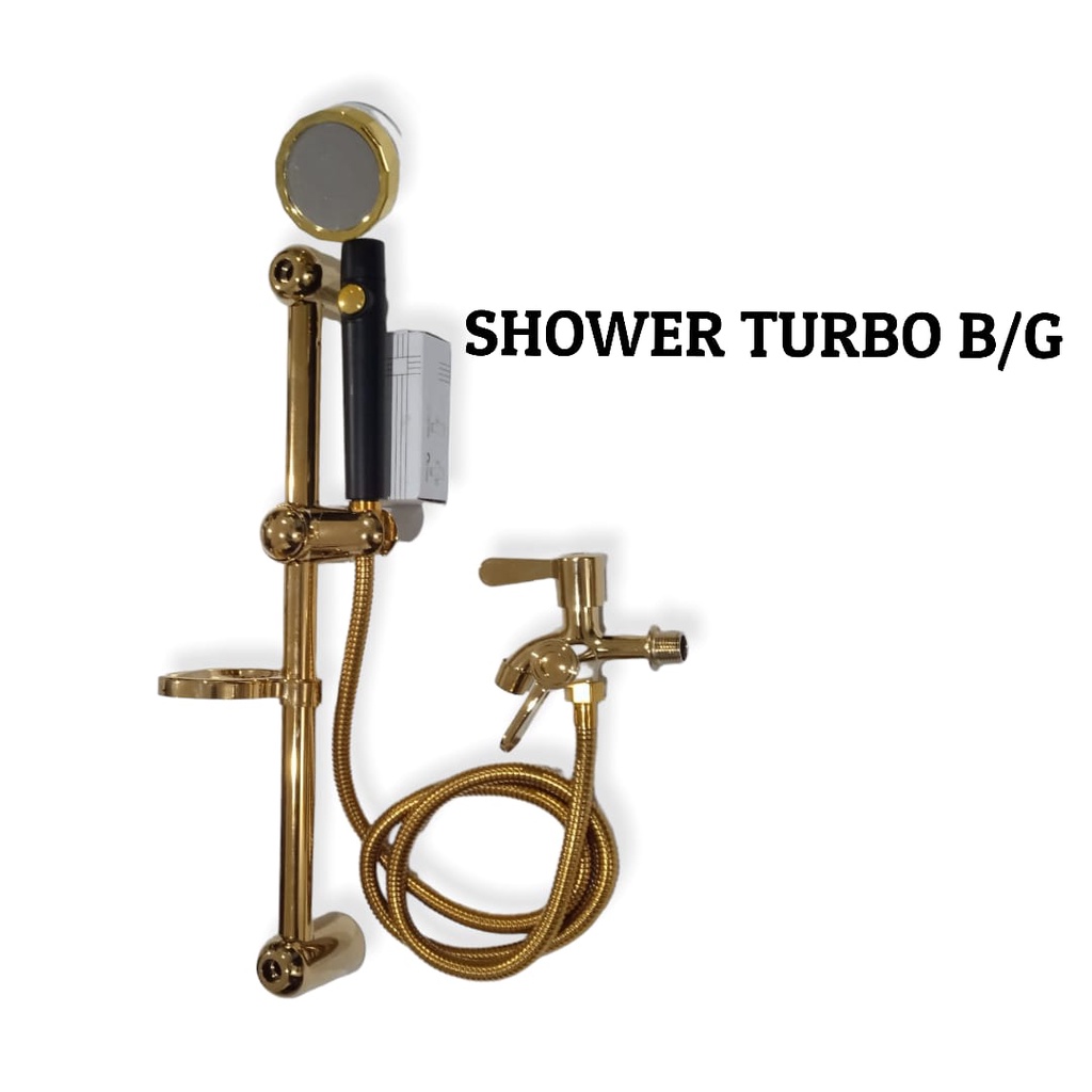 paket lengkap shower tiang semburan kencang gold stainless hitam + kran cabang