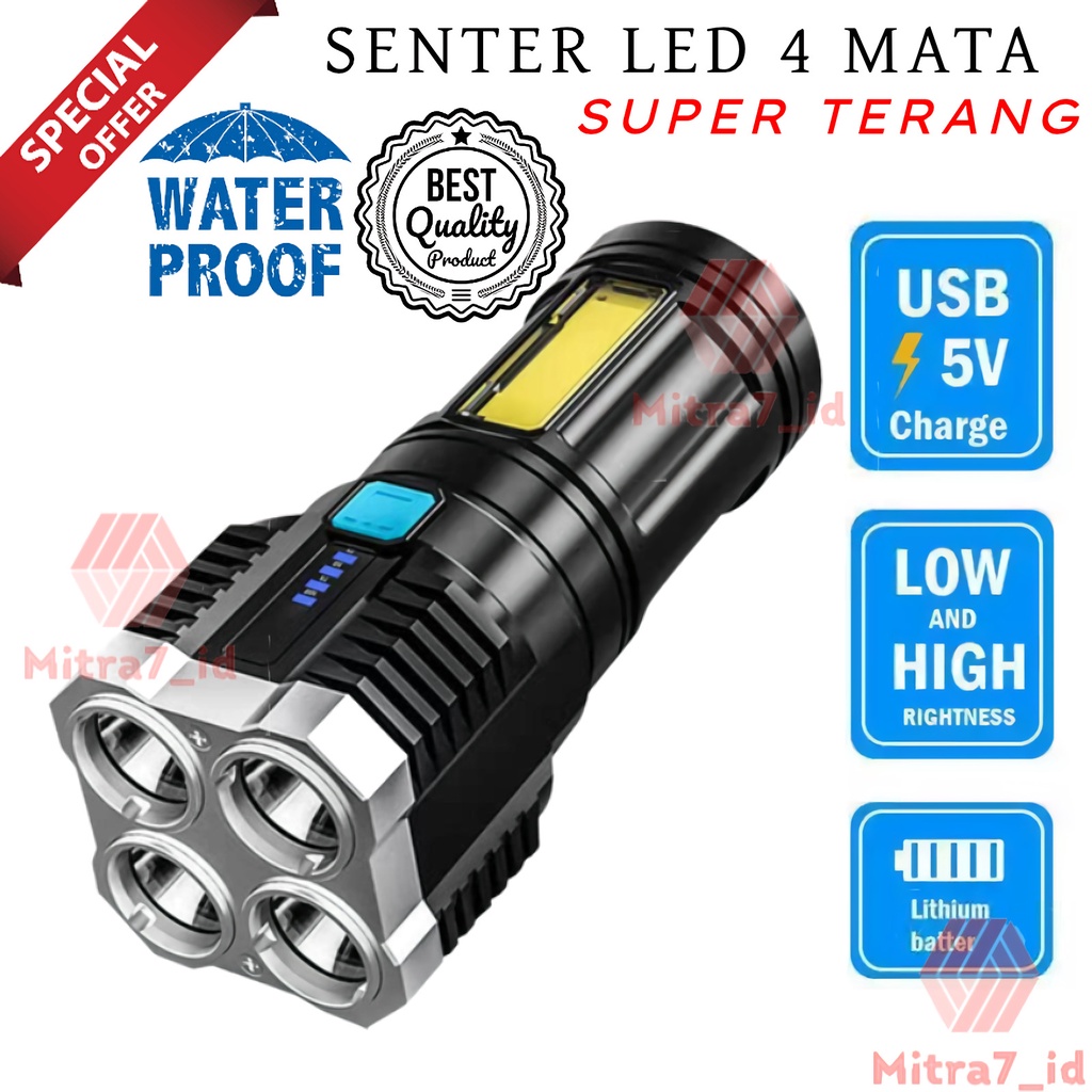 [M7] SENTER 4 LED + COB LIGHT SUPER TERANG RECHARGEABLE / EMERGENCY LAMP / SENTER 4 MATA ANTI AIR MODE JARAK JAUH