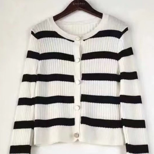 Cardigan Kancing Rajut Wanita Panjang Stripe Lengan Panjang Casual Top