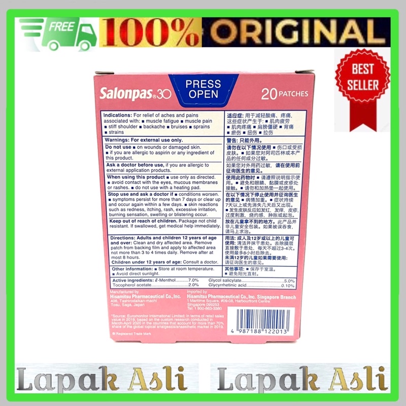 Salonpas 30 (20 Patches) Asli Jepang