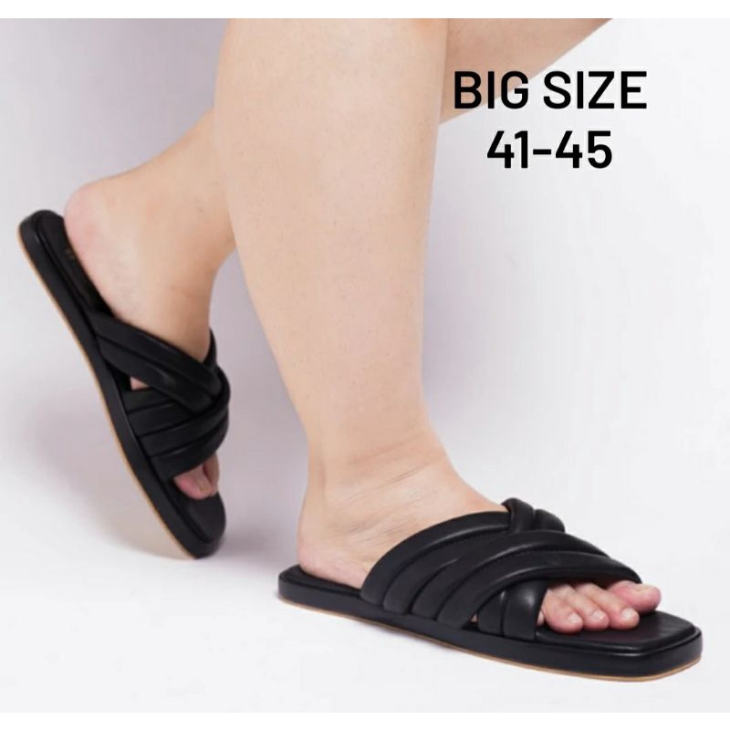 Sandal Anti Slip Wanita KULIT.361 Big Size 41-45 Slip on Sendal Silang Wanita Kekinian JUMBO Black, 44