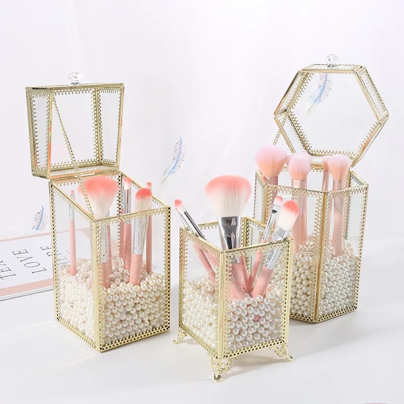 Storage Box Transparent Glass Brush Holder Tempat Brush Makeup