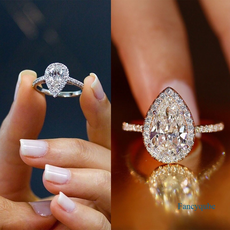 Fancyqube Cincin Silver Cubic Zirconia Berlian Imitasi Bentuk Tetesan Air Untuk Pengantin