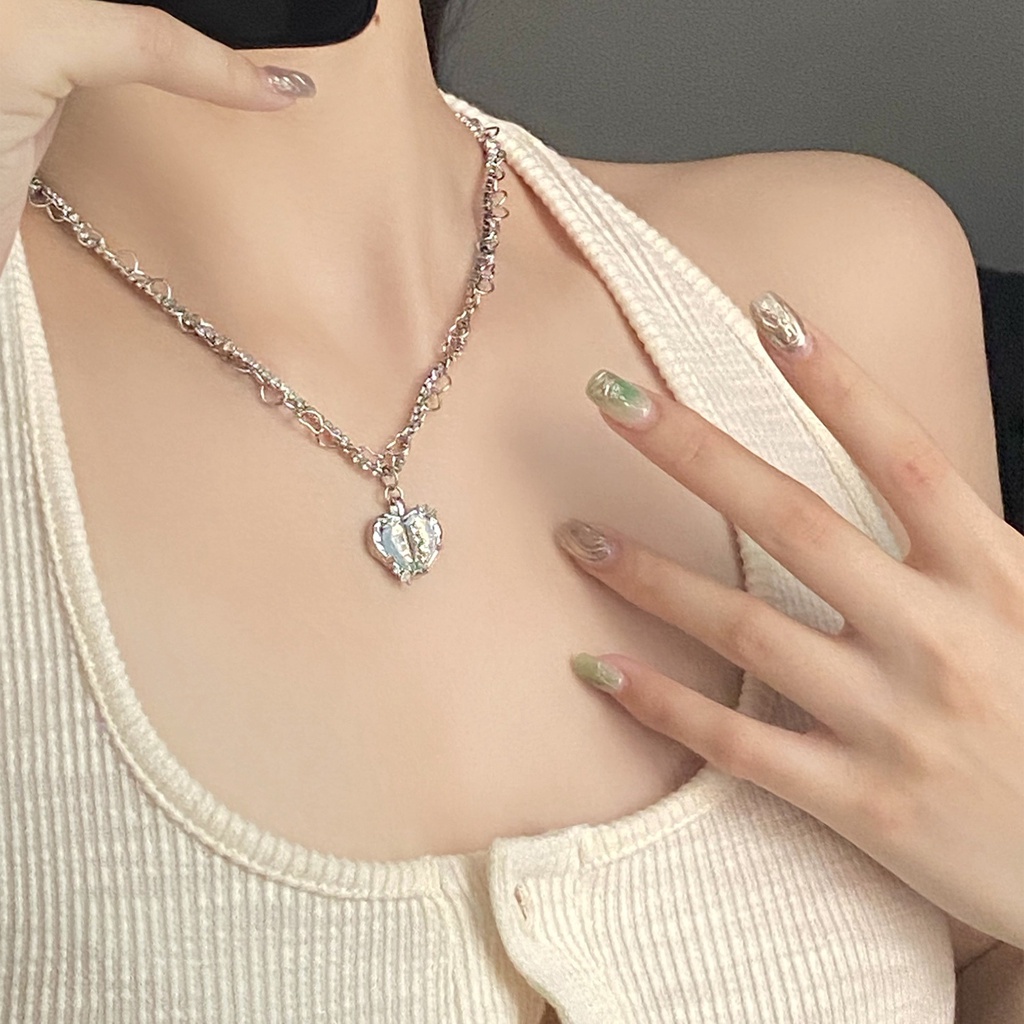 Kalung Rantai Choker Liontin Hati Kristal Zircon Warna Pink Biru Untuk Wanita