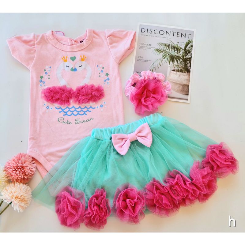 SETELAN BAJU BAYI PEREMPUAN 0-18 BULAN / SET JUMPER ROK TUTU FREE BANDO ANGSA / SETELAN BAJU BAYI CEWEK LUCU / SETELAN ROK TUTU ANGSA BAYI