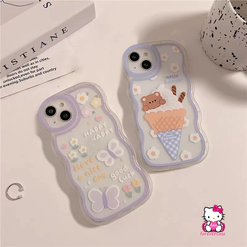Case Kartun Realme C53 C35 C15 C25 5 5i 5s 6i C25s C25Y C21Y C12 C1 C11 C20A C20 Realme C11 2021 C20A C3 Beruang Lucu Ice Cream Butterfly Flowers Lembut Shockproof Wavy Edge Cover