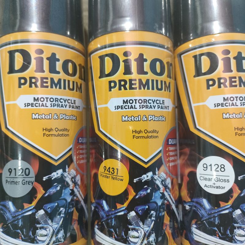 Pilok Cat Diton Premium Paket Lengkap 3 Kaleng Master Yellow Kuning Tua 9431Primer Grey Epoxy 9120 Clear Glossy 9128 400cc Pilox Paketan Cat Semprot Special Spray Paint
