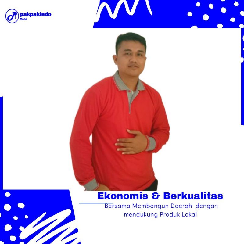 BAJU KAOS POLO KERAH POLOS MERAH KOMBINASI ABU-ABU LENGAN PANJANG PRIA WANITA
