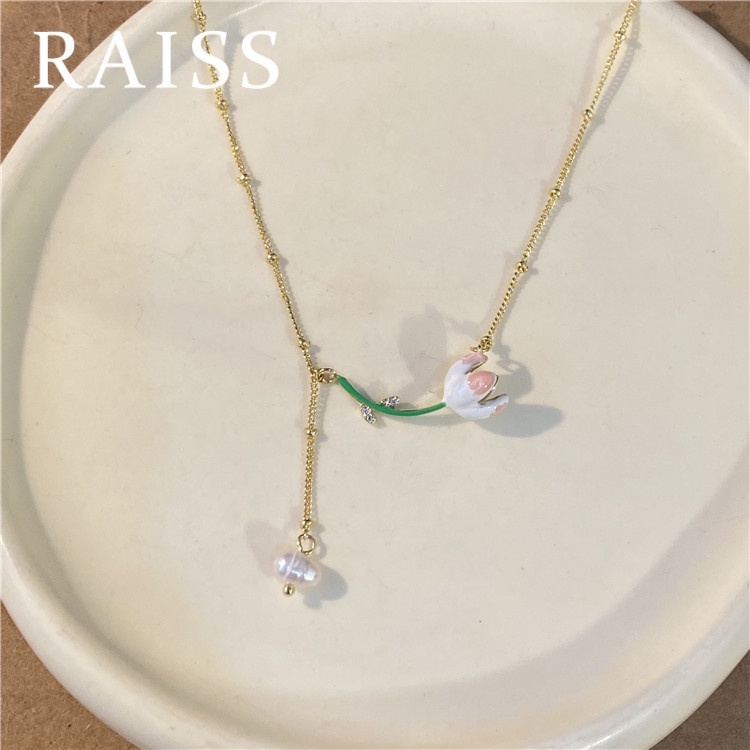 Kalung Rantai Dengan Liontin Bunga Tulip + Mutiara Elegan Ala Korea / Jepang Untuk Wanita