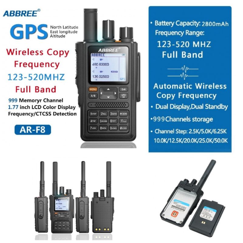 ABBREE AR-F8 HT Walkie Talkie 8W Power 6-Band 136-520MHz - GPS Function 2800mAh Full Band 999Channel