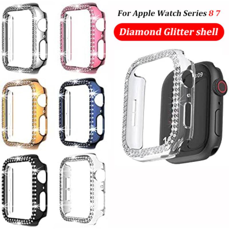 Frame Bumper Hard Case PC Hias Glitter Kristal Berlian Untuk Apple Watch Seri 8 7 6 5 4 3 2 1 SE2 45mm 41mm 42mm 40mm 38mm