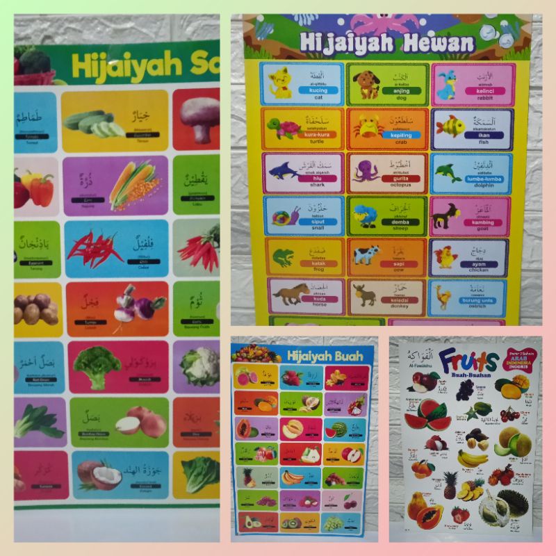 Poster 3 Bahasa Arab/Inggris/Indonesia/Hewan/Sayuran/Buah