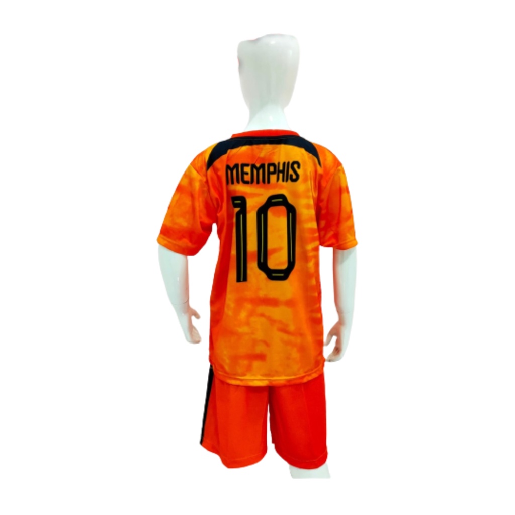 Kaos sepakbola anak laki-laki belanda memphis home jersey soccer baju celana setelan t-shirt outfit jersy futsal seragam klub kostum olahraga pakaian print apparel multi jersi sport orange