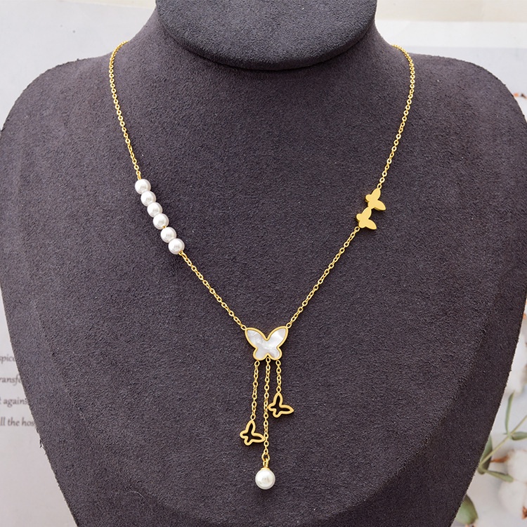 Kalung mutiara kupu juntai mutiara titanium anti karat harga grosir bisa cod