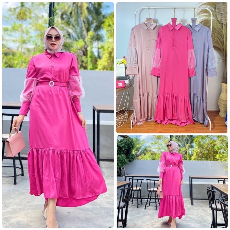 Rina Satin Dress Free Belt &amp; Brooch / Baju Gamis Wanita Import