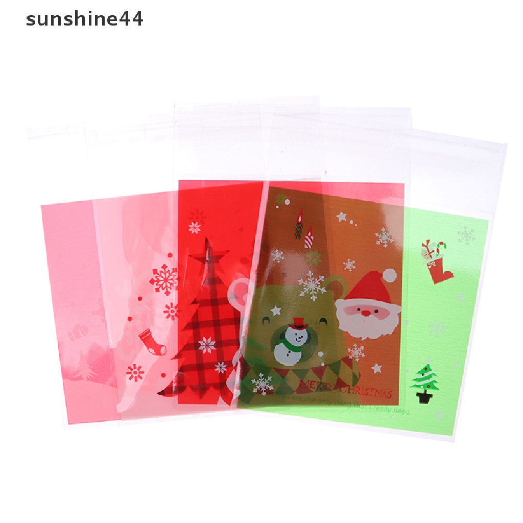 Sunshine 100Pcs Kantong Plastik Permen / Kue / Snack Motif Natal Dengan Perekat