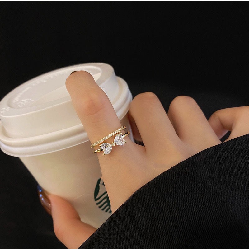 Cincin Berlian Imitasi Model Double Layer Gaya Korea Jepang