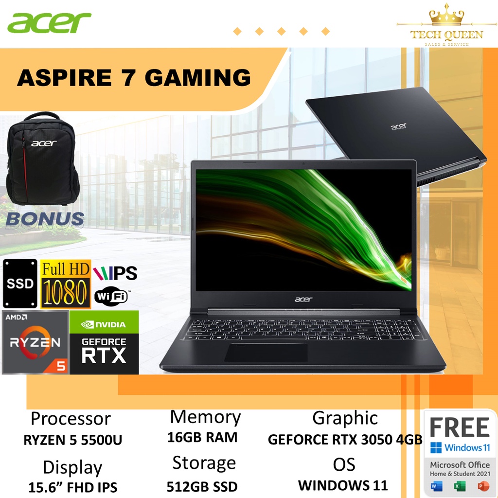 Acer Nitro Gaming Aspire 7 - RTX3050 4GB -  Ryzen 5 5500U 16GB 512SSD W11+OHS 15.6 Inchi FHD IPS