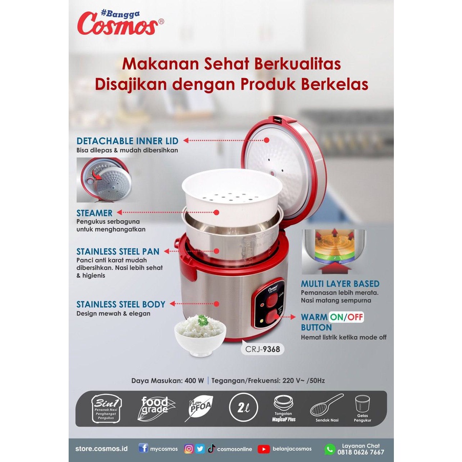 Rice Cooker Stainless Cosmos CRJ 9368 On Off Button 2 Liter Magic Com Stainless Steel Penanak Nasi Stainles