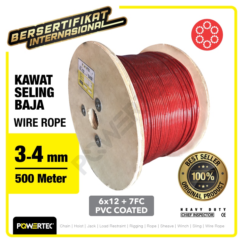 POWERTEC Wire Rope / Kawat Seling Baja 6x12 7FC PVC 3-4mm Merah  - 500m