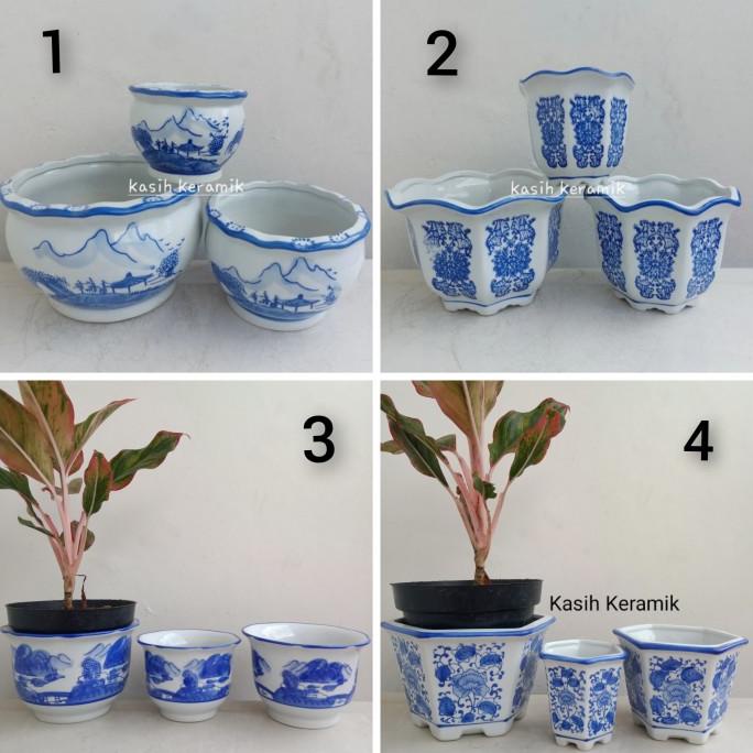 keramik biru putih pot/pot tanaman