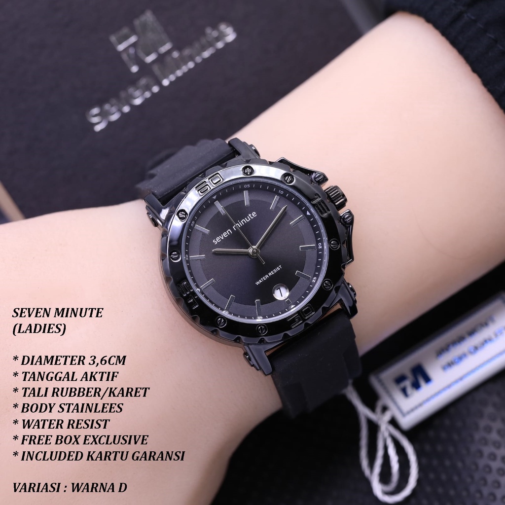 (FREE BOX) JAM TANGAN WANITA SEVEN MINUTE LS-0008 TALI RUBBER BODY STAINLEES TANGGAL AKTIF