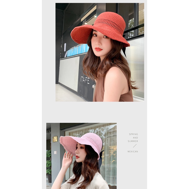 Topi Pantai Rajut Pita Korea Fashion Topi Wanita Bisa Dilipat Topi Rajut Sun Visor Hat - BM01