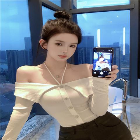 Suhao 2022 musim gugur baru keinginan murni angin halter desain top wanita slim fit off-the-shoulder lengan panjang T-shirt