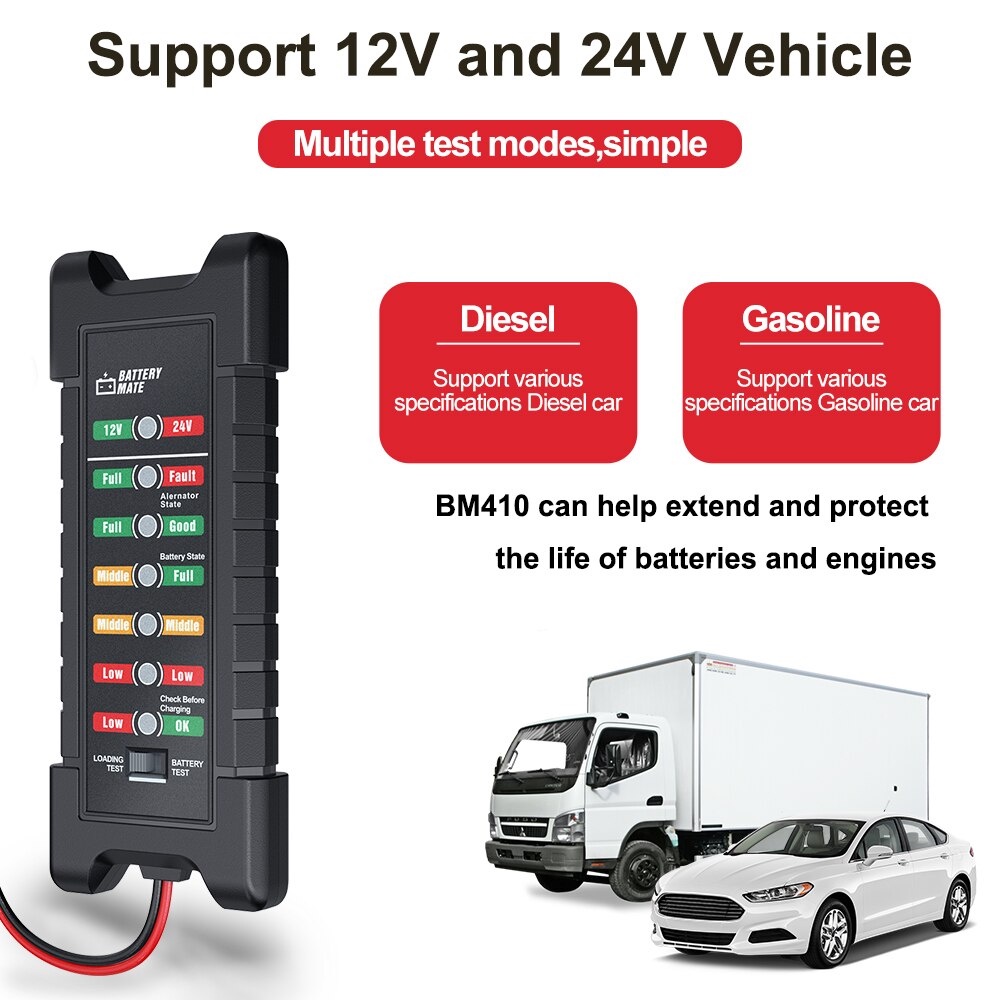 ANCEL BM310 &amp; BM410 Battery Mate 12V &amp; 24V Digital Car Battery Tester Car Battery Test Car Battery Analyzer Alternator Automotive Battery Checker Car Battery Testing Tool Motorcycle Battery Tester Truck Battery Tester OBD 2 Diagnostic Tool