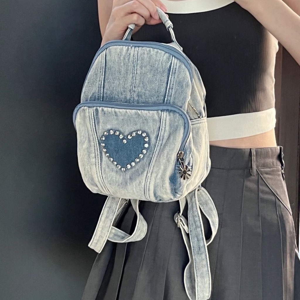 ◐﹍♚2022 Baru Retro Cinta Berlian Imitasi Ransel Kecil Mini Kanvas Lembut Ransel Denim Wanita Musim Gugur dan Musim Dingin Tahan Lama