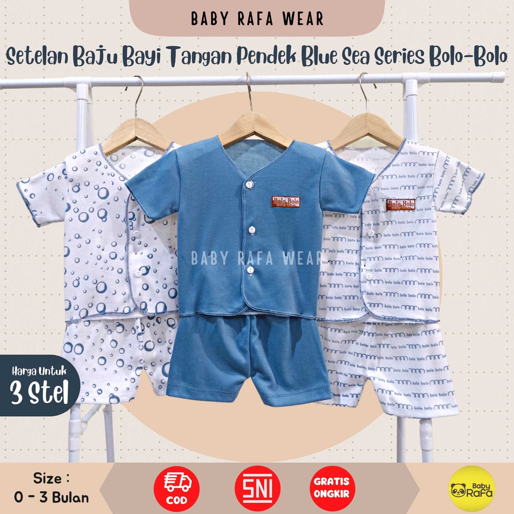 Serian Biru - 3 Stel Setelan Baju Bayi Tangan Pendek Celana Pendek Bayi Baru Lahir BLUE SEA SERIES SNI Bolo - Bolo