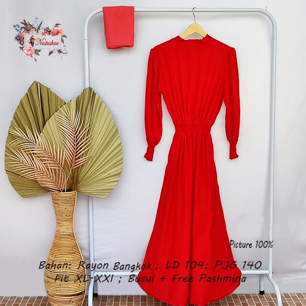 GAMIS POLOS MERAH MODEL PINGGANG KARET RAYON BANGKOK BUSUI FRIENDLY MAXI WANITA REMAJA DEPAN RUMBAI FREE PASHMINA