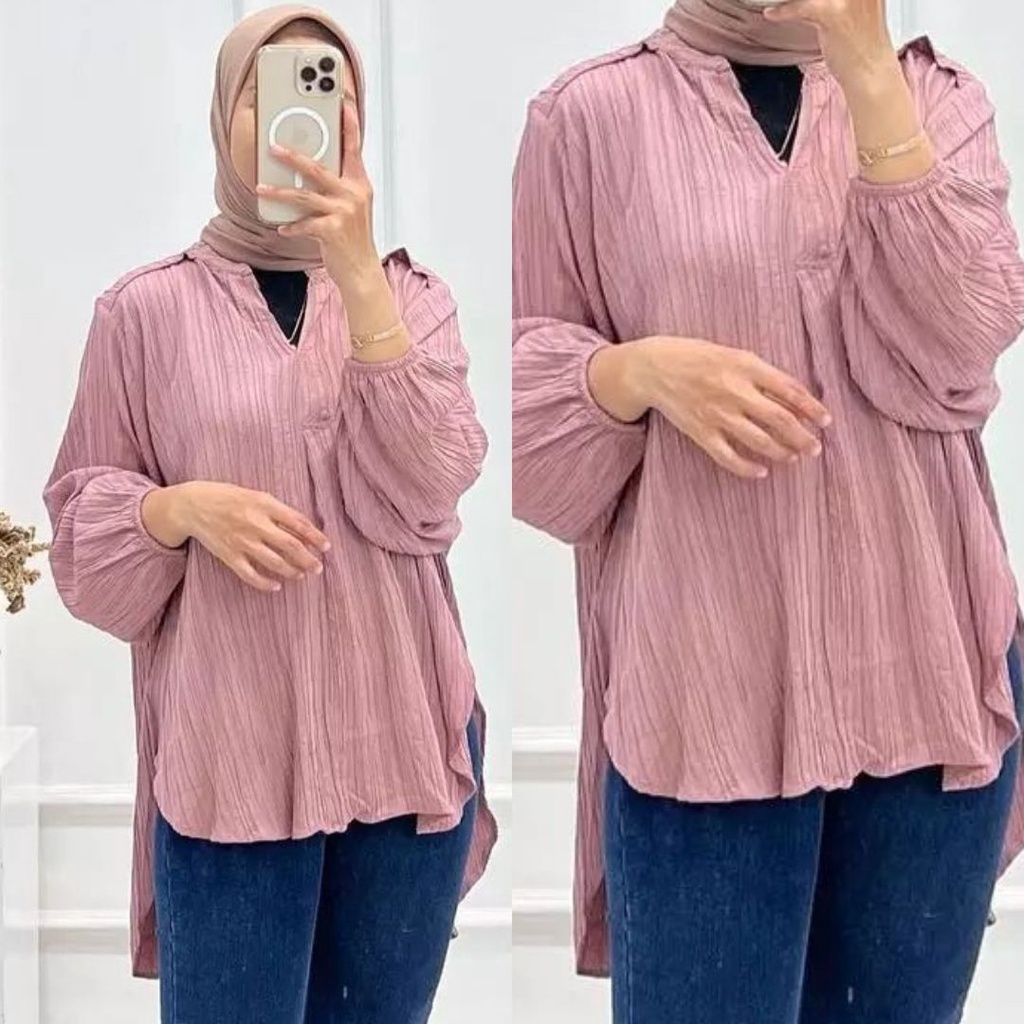 Basic Blouse Kerah V Atasan Polos Lengan Balon Korean Style / Atasan Lengan Panjang wanita blouse / blouse / blouse wanita / kemeja blouse wanita / blous / blouse kerut / korean blouse lengan panjang / blouse kerja wanita / Mitty Blouse