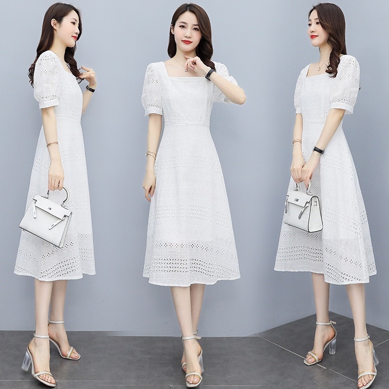 Embroidery Cotton Dress Midi Korean Style - Dress Pesta Katun Bordir