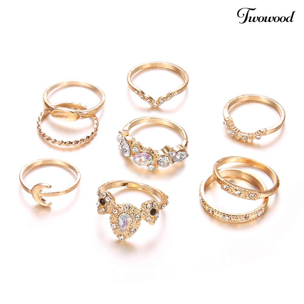 9pcs / Set Cincin Knuckle Midi Desain Mahkota Bulan Aksen Berlian Imitasi Gaya Bohemian Untuk Wanita