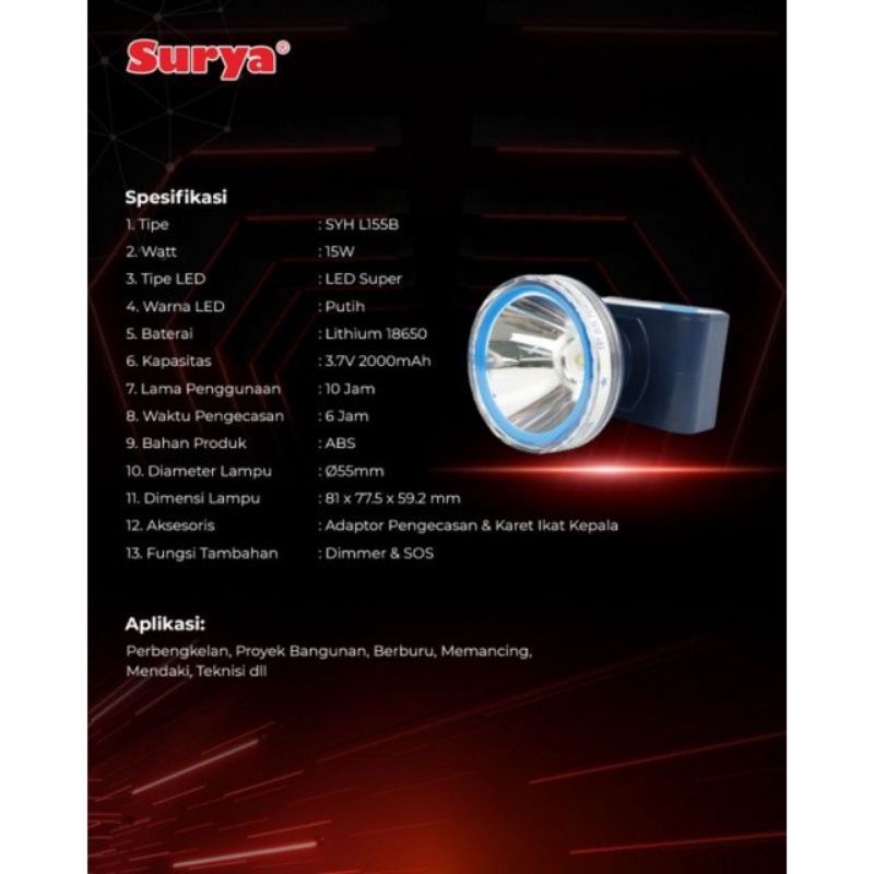 Head Lamp / Senter Kepala Surya SYH L155B Premium 15W