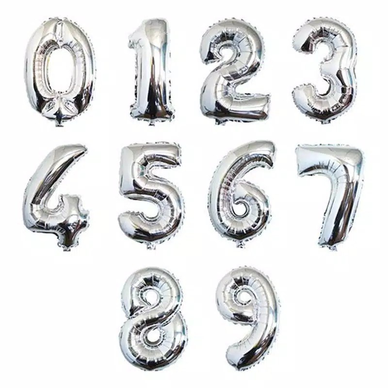 BALON ULANG TAHUN ANGKA SILVER- SILVER Balon Foil Huruf Angka 16 inch Ulang Tahun