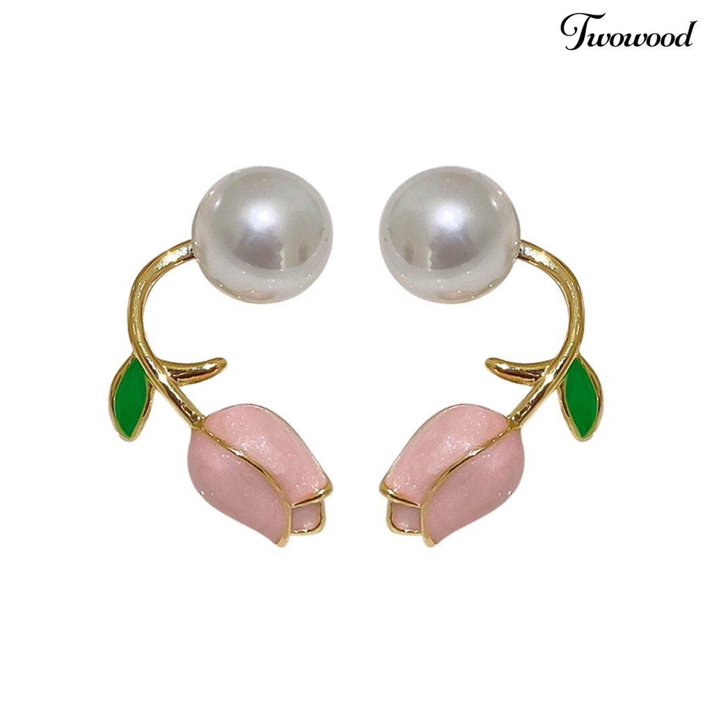 1 Pasang Anting Stud Desain Bunga Tulip Aksen Mutiara Imitasi Bahan Stainless Anti Karat Untuk Wanita