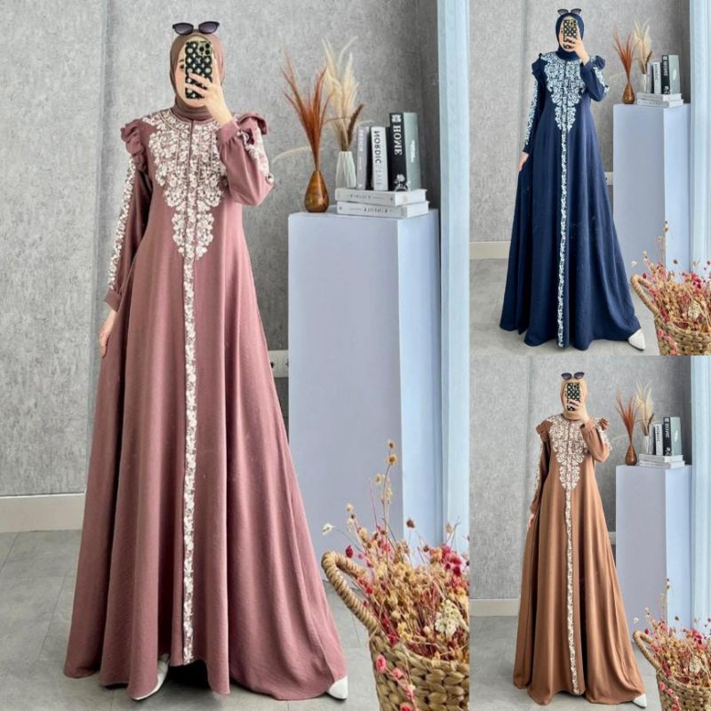 BAJU GAMIS PESTA CRINKLE AIRFLOW AMORA DRESS JUMBO BORDIR WANITA KEKINIAN GAMIS MEWAH ELEGAN KONDANG
