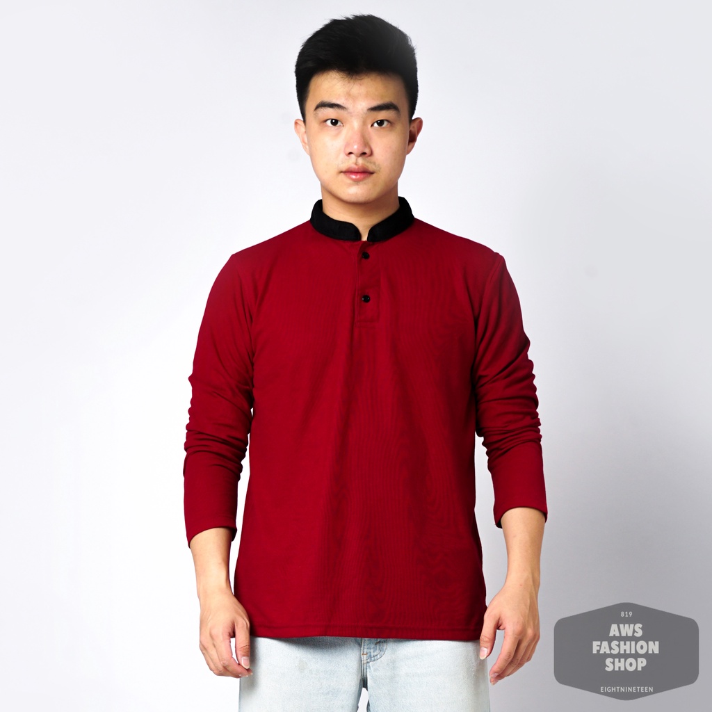 819 Kaos Polo Pria Polo Shirt Kerah Shanghai Lengan Panjang Warna Merah Maroon Red Casual Tersedia Ready Sampai Size JUMBO BIG SIZE XXL XXXL