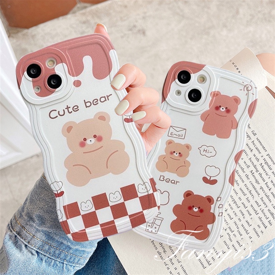 Redmi 12C A1 10C 10A 10 9 9A 9C 9T Note 11 Pro+ 11s 11 10s 10 9s 9 8 Pro Poco X4Pro X3 Pro X3NFC M4 Mi 11 Lite 10TPro Cute Bear Wave Frame Phone Case TPU Soft Cover Casing TPU Motif Beruang