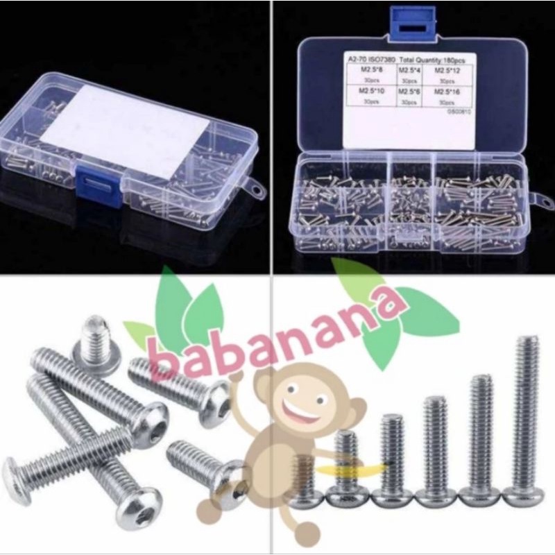 180pcs M2.5 button head screw set baut sekrup kit stainless steel 304