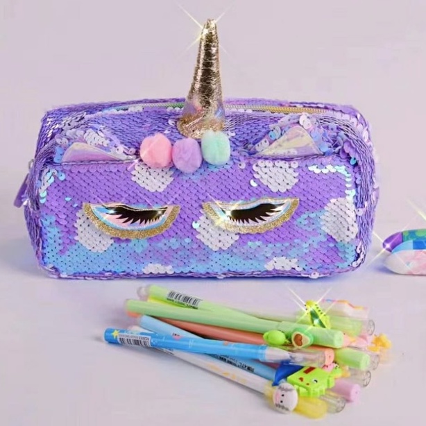 

Tempat Pensil, pencil case sequins Unicorn barang import