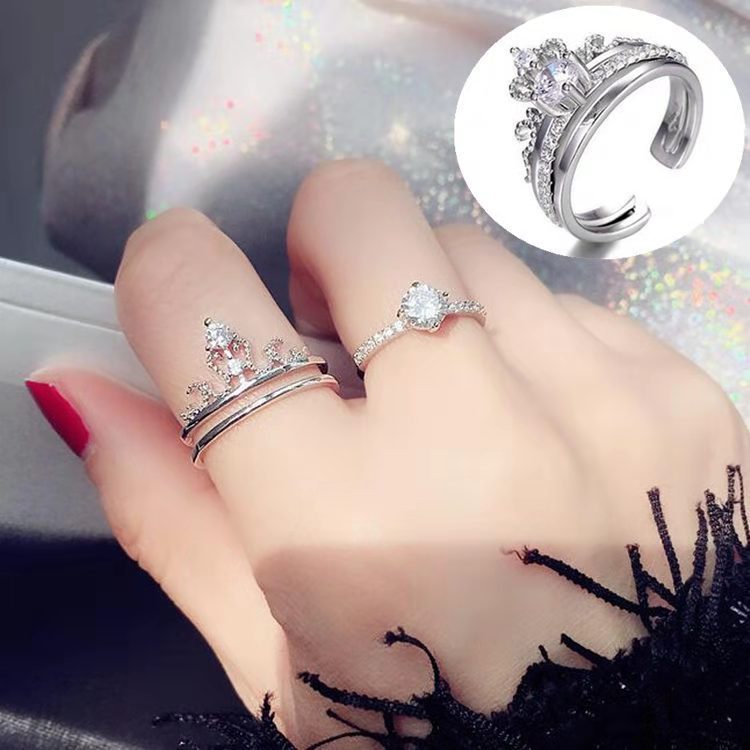 2in1 Cincin Model Terbuka Bahan Sterling Silver 925 Desain Mahkota + Cubic Zirconia Adjustable Untuk Wanita