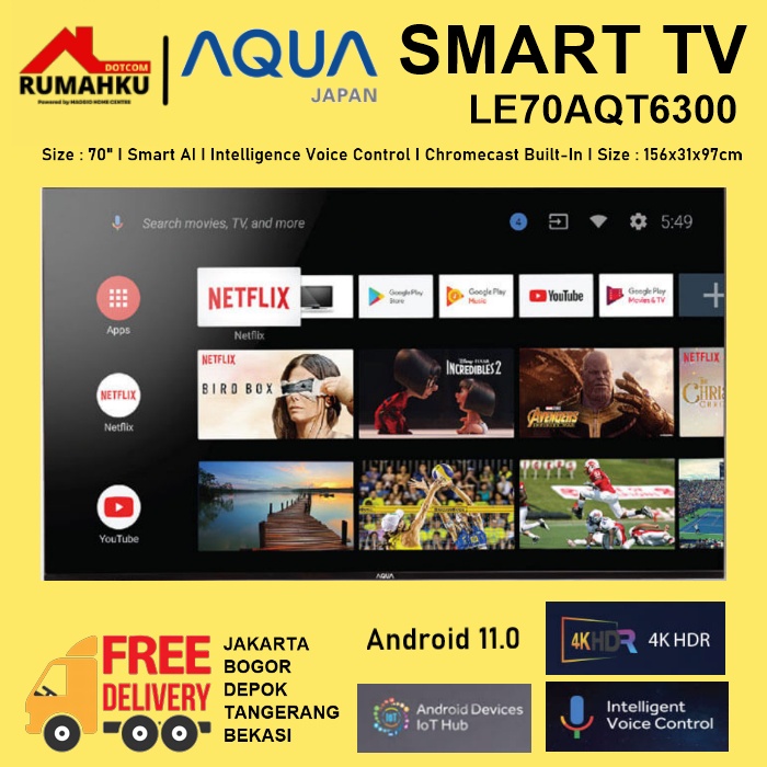 SMART TV 70 INCH - ANDROID TV 70" - LED TV AQUA 70" - LE70AQT6300 - AQUA