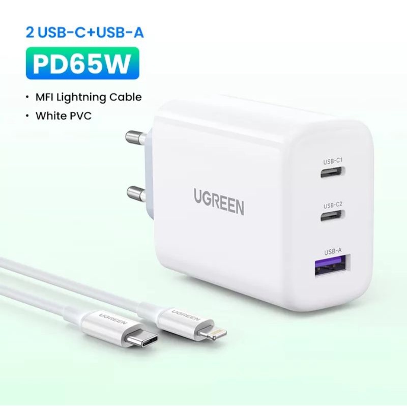 Ugreen Fast Charger 65W 3 port 2C1A Quick Charging 4.0 3.0 Tipe C PD USB Untuk iPhone 14 13 12 Xiaomi Samsung Huawei l