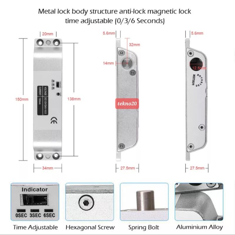 Electric Drop Bolt Dropbolt Pintu Kayu Fail Secure 5 Kabel 12Volt With Timer Listrik Mati Pintu Terbuka for Access Control